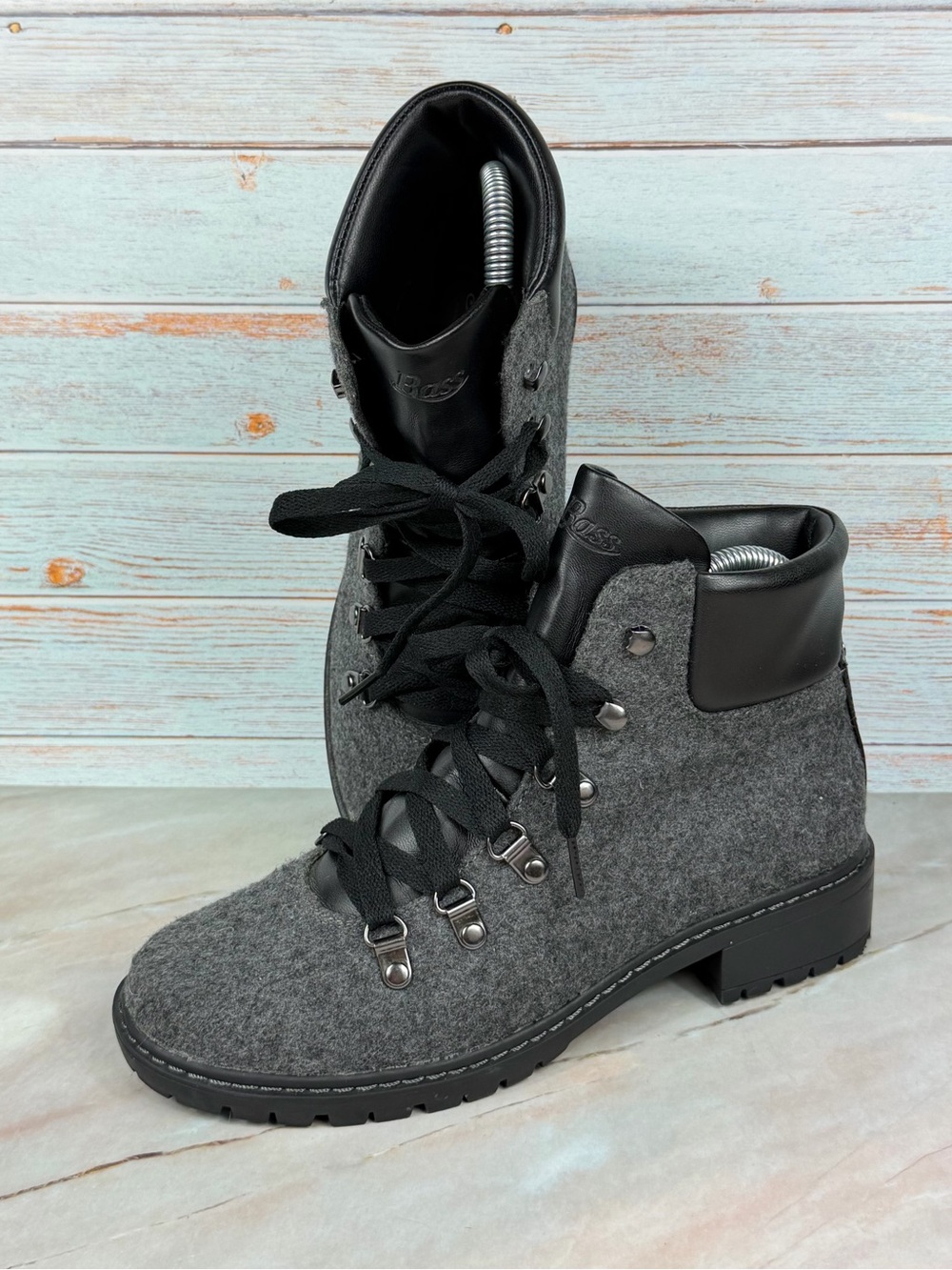 Bass Sweater Lace-up Hiking Boots in Grey with Black Collar